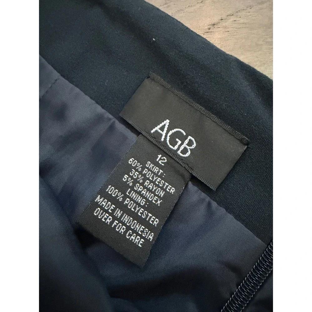 AGB Navy Blue Button Detail Pencil Skirt Size 12 Pleated Flounce Hem Lined